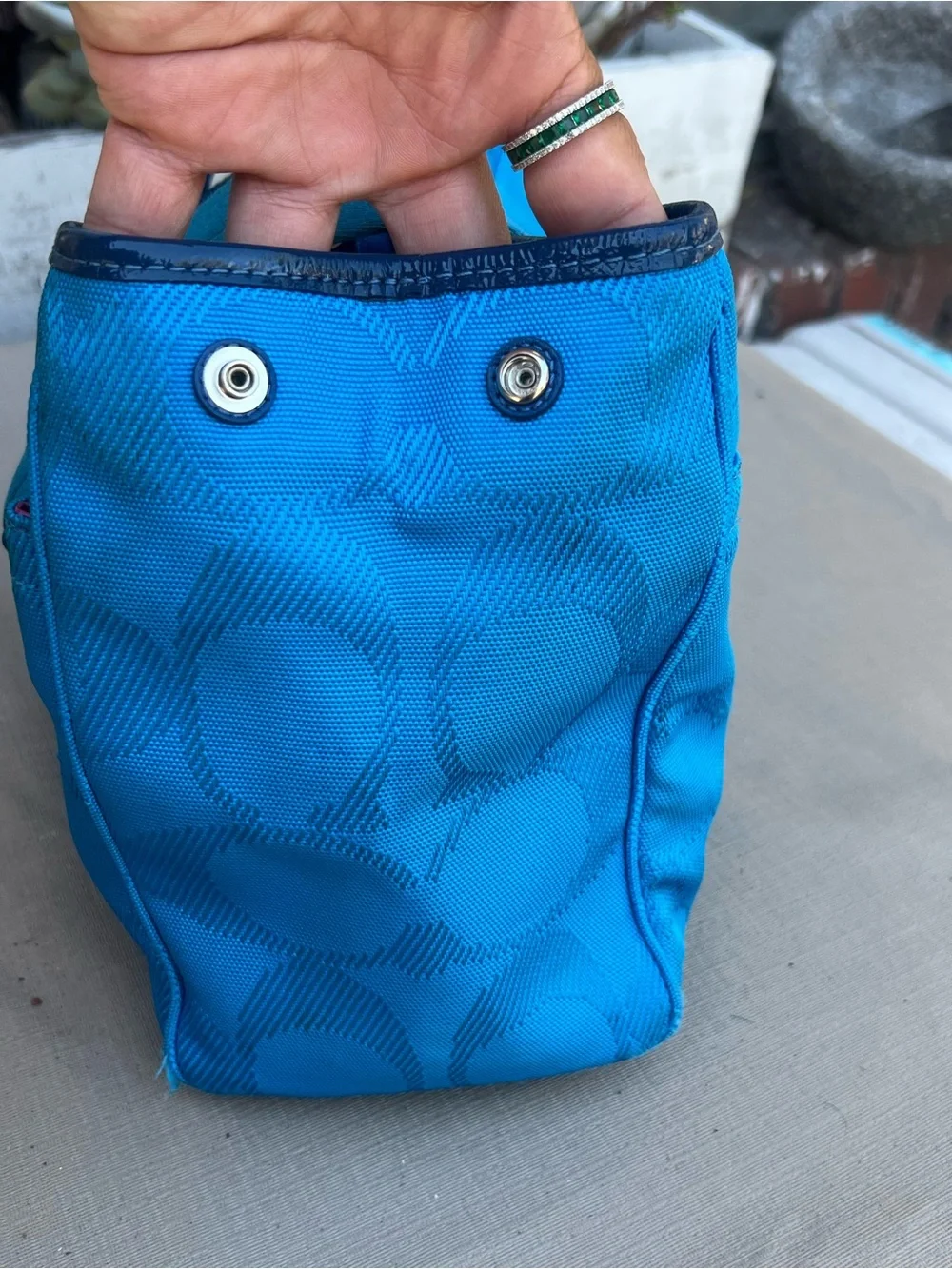 Coach Bright Blue Signature Canvas Tote with Navy Trim